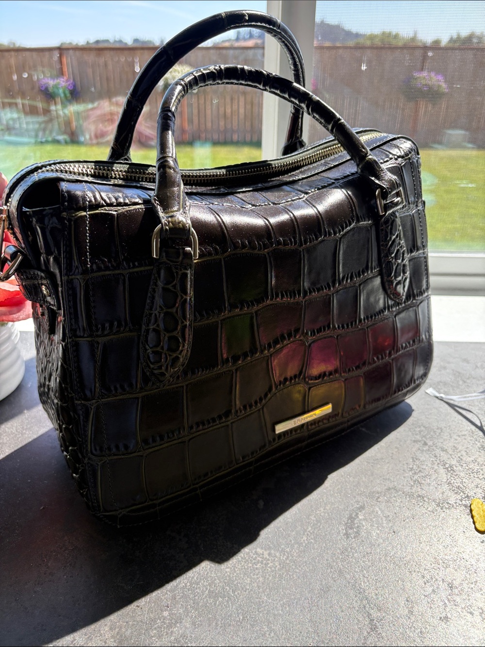 Brahmin Croc-Embossed Satchel with Gold Plaque